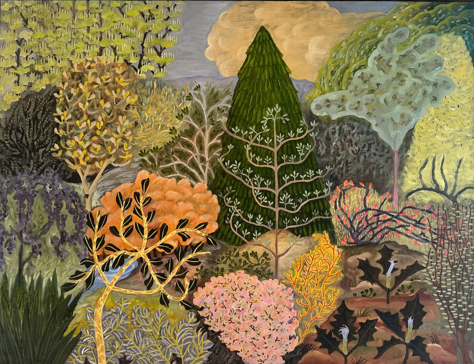 Colorful painting of a dense, vibrant forest with stylized foliage in green, yellow, orange, and pink beneath a cloudy sky—reminiscent of works displayed at Lafayette art museum gems like the Hilliard Art Museum.