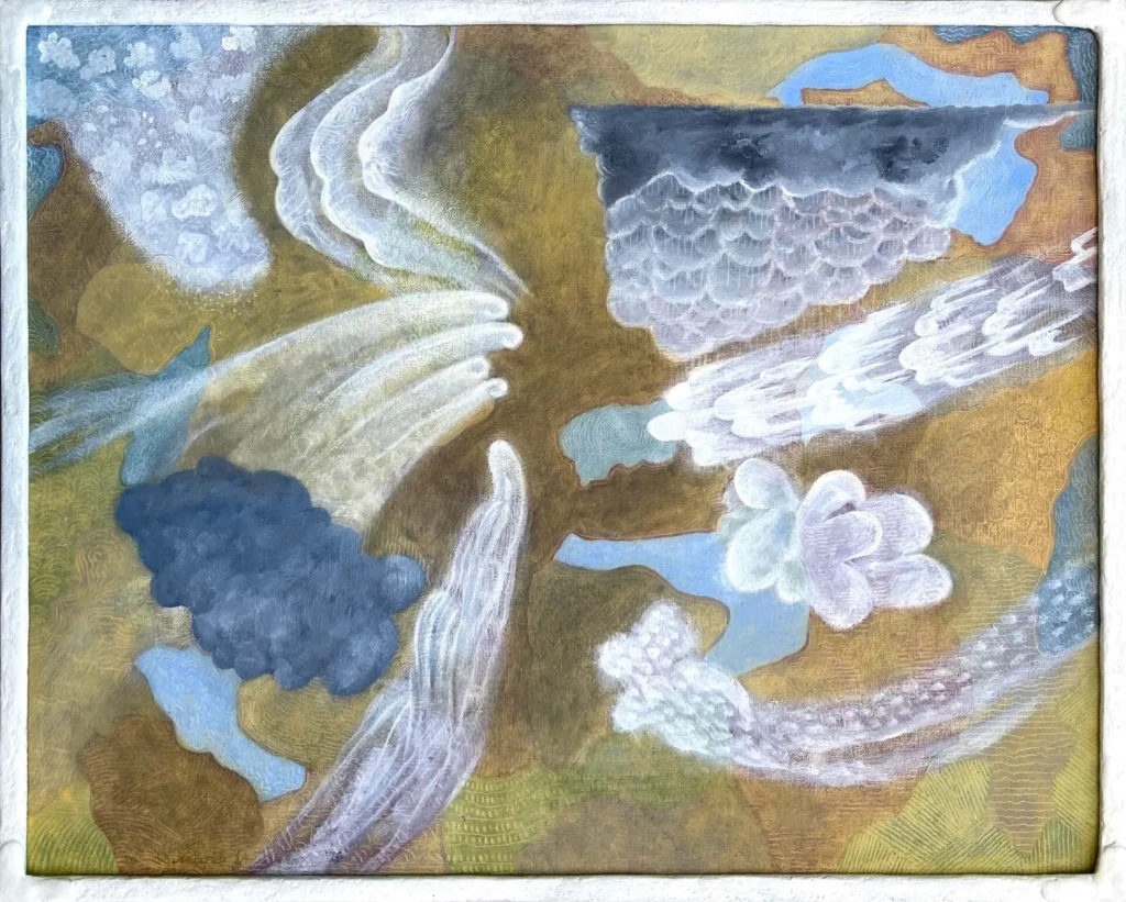 Abstract painting with swirling shapes resembling clouds, waves, and wind in soft blue, white, and gray tones over a textured golden-brown background. The forms blend and overlap, creating a dreamy, airy atmosphere.