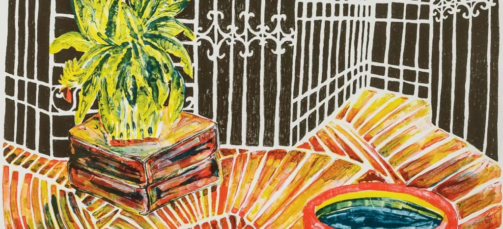 Colorful painting of a courtyard with a large green potted plant on a brick surface, a small round water basin, and a white wrought iron fence in the background. Warm tones dominate the floor tiles.