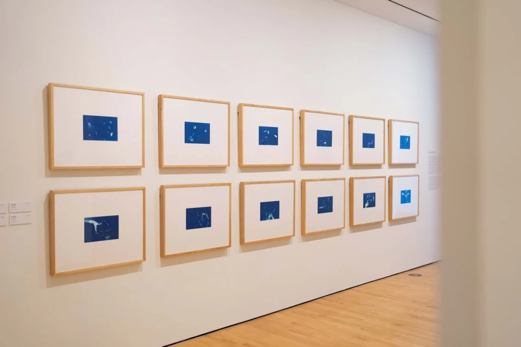 A gallery wall displays twelve framed artworks in three rows. Each frame contains a blue square with abstract white shapes or patterns. The gallery has light-colored wooden floors and white walls.
