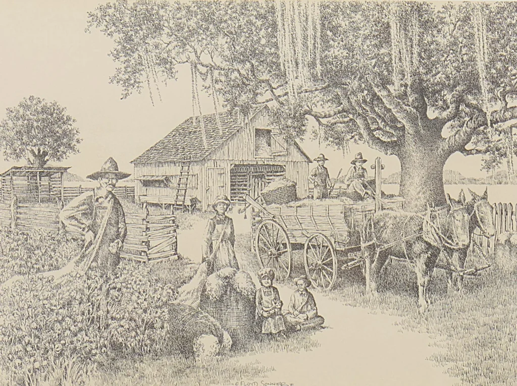 Detailed illustration of a rural farm scene, reminiscent of local art Lafayette, with people working, a horse-drawn cart, children under a tree, and a barn. Stacks of wood and blooming plants add charm to this pastoral setting.