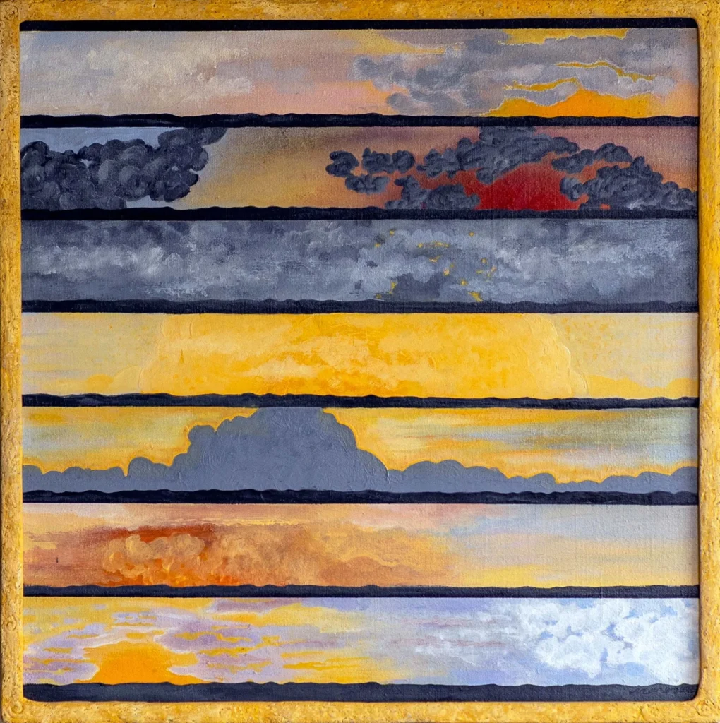 A painting features six horizontal panels depicting various colorful cloud formations in the sky, transitioning from dark stormy tones at the top to bright, warm yellow and orange hues at the bottom.