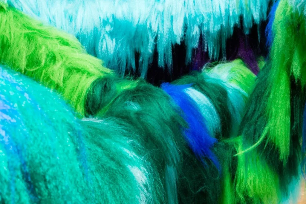 Close-up of vibrant, fluffy fibers in shades of green, blue, turquoise, and white, creating a soft and textured abstract pattern inspired by local art Lafayette.
