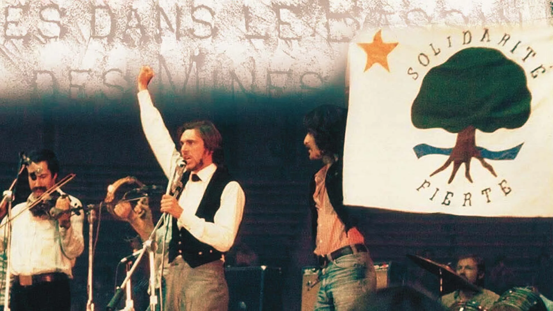 A man speaks into a microphone on stage, raising his fist, while another person holds a flag with a tree and the words Solidarité Fierté. Musicians play instruments in the background.