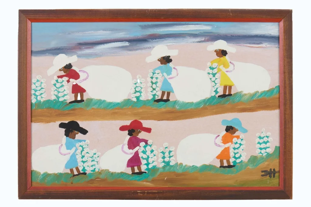 Folk art painting of six women in colorful dresses and hats picking cotton in two rows, set against a pastel sky and framed in wood—a charming scene reminiscent of works featured at the Hilliard Art Museum.
