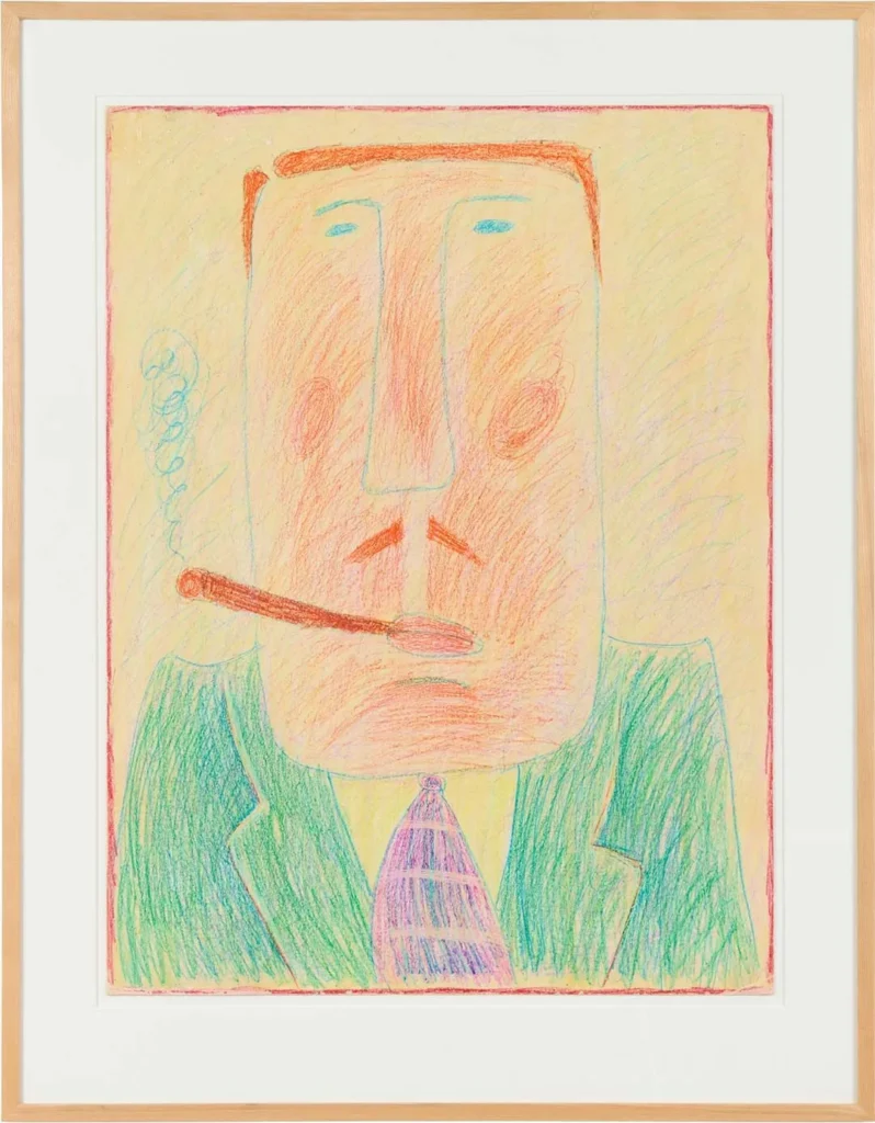 Colorful crayon drawing of a man in a green suit and purple-striped tie, smoking a cigar. His abstract, rectangular face features bold simplicity. The yellow, textured background evokes the creative energy of local art Lafayette celebrates.