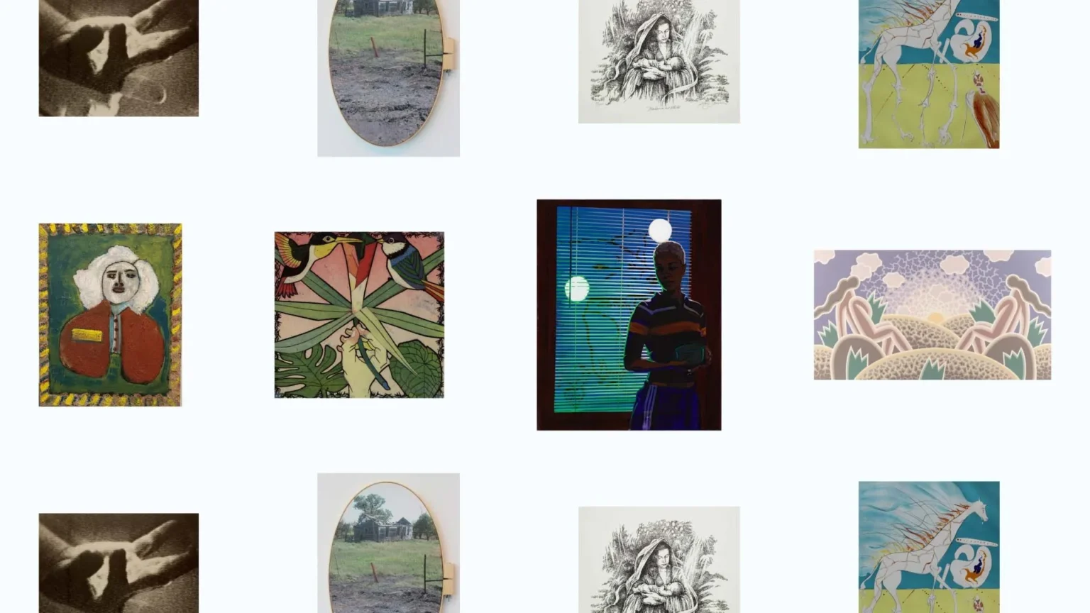 A grid of nine images, from mirror reflections to fantasy illustrations and abstract works, all arranged on a light background, captures the creativity often showcased at Lafayette art museum exhibits and local art Lafayette collections.