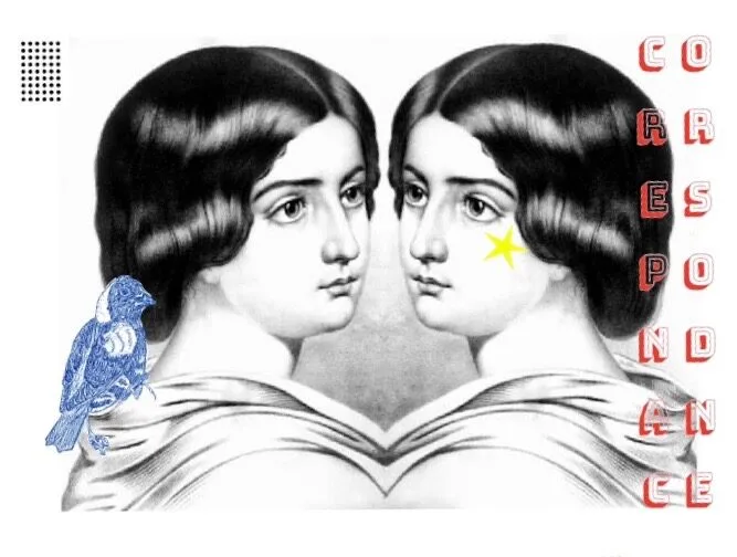 A mirrored black-and-white drawing of a woman with a yellow star on one cheek, a blue bird below her, and the word CORRESPONDANCE spelled vertically in red letters on the right.