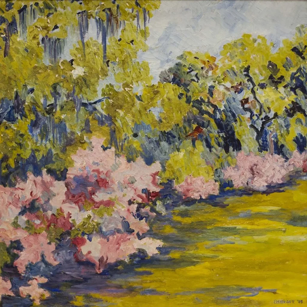 Impressionist painting of a pond with vivid green water, bordered by pink flowering shrubs and lush trees. The sky is partly cloudy and sunlight filters through the foliage. The scene evokes a tranquil spring or summer day.