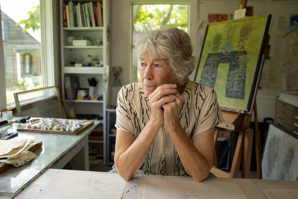 An elderly woman with gray hair sits at a table in an art studio, hands clasped, looking thoughtfully out a window. Art supplies, sketches, and a painting on an easel fill the bright, cozy room.