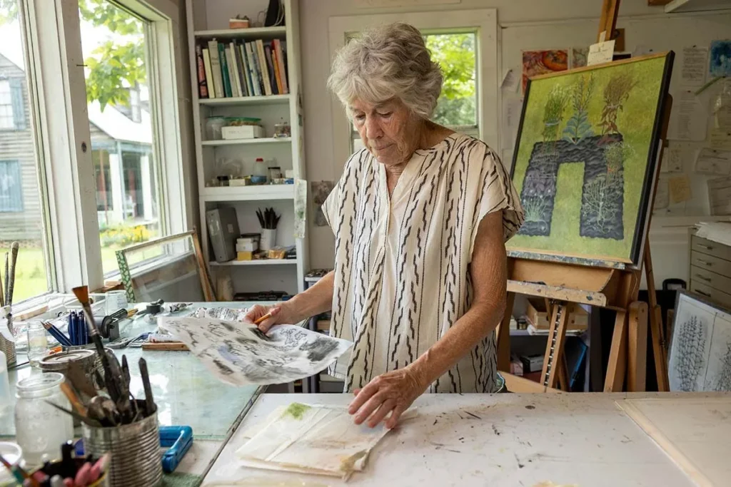 An older woman stands at a table in a bright art studio, examining papers with artwork. Art supplies and brushes are scattered around, shelves hold books, and a colorful painting is displayed on an easel behind her.
