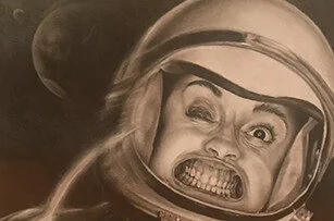 A black and white drawing of an astronaut making a dramatic face inside a helmet, with one eye closed and teeth bared in a grimace. The background shows a planet or moon in space.