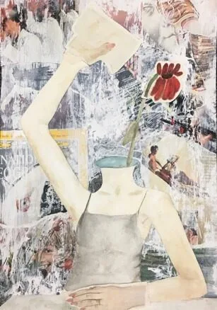 A surreal painting of a person with a vase for a head, holding up a book. A red flower grows from the vase. The background is a collage of various abstract images and textures.