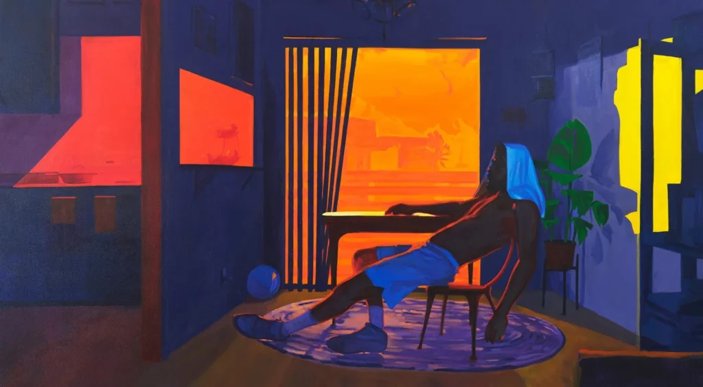 A person sits slouched on a chair in a dim, Picasso-inspired room with blue and purple tones, facing a bright orange window. Light from the sunset fills the space, creating a vivid contrast between the cool interior and warm exterior.