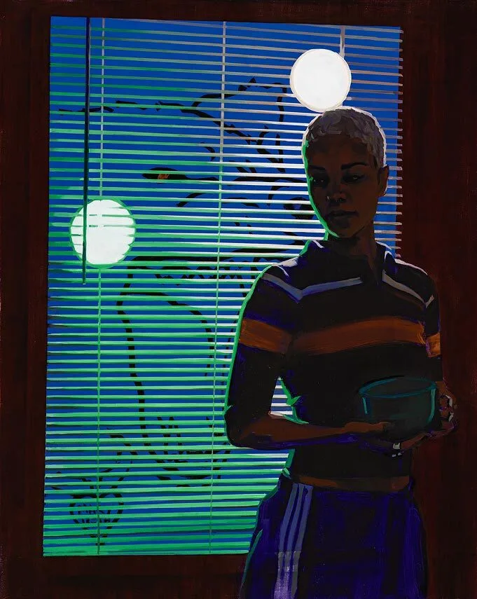 A person with short hair stands in front of a window with closed blinds, holding a bowl. Two round lights and a drawing of an animal—reminiscent of Picasso’s style—are visible, casting a blue and green glow inside.