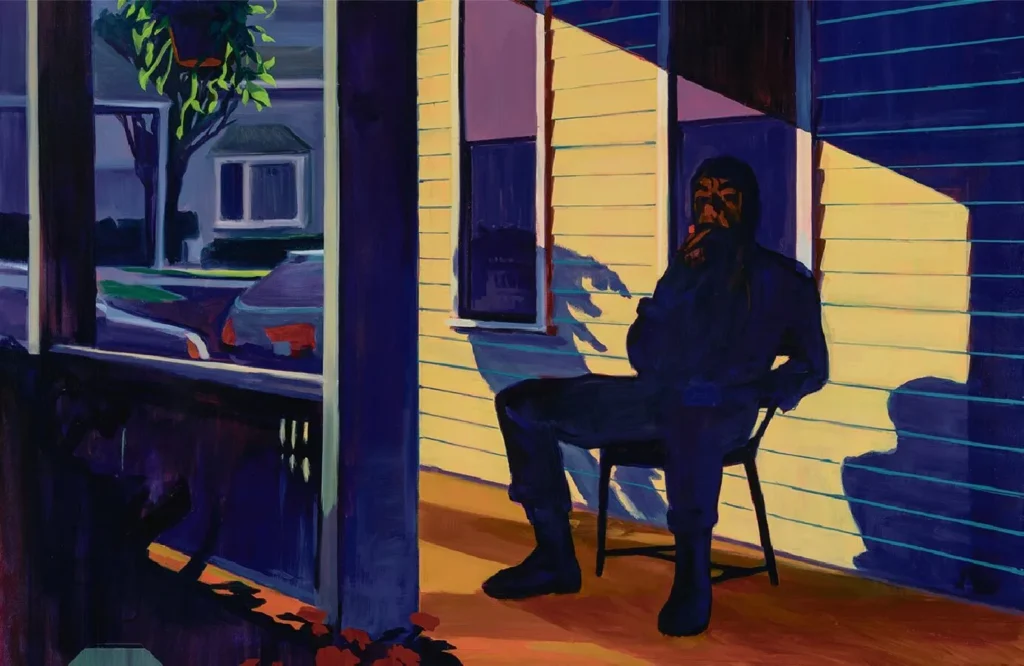 A person sits on a porch in a chair, partially in shadow, smoking a cigar. The scene, painted with vibrant colors and strong contrasts like a Picasso masterpiece, features houses, a car, and plants in the background.