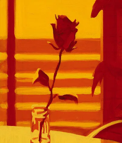 A single red rose in a glass jar sits on a table, with a warm yellow and orange background and abstract shadows, evoking a soft, painterly effect reminiscent of Picasso’s expressive style.