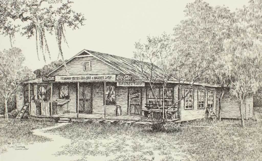 A detailed pen-and-ink illustration of Brisco’s old wooden barber shop with Coca-Cola signs, surrounded by trees and moss, featuring a porch and rustic exterior in a serene rural setting.