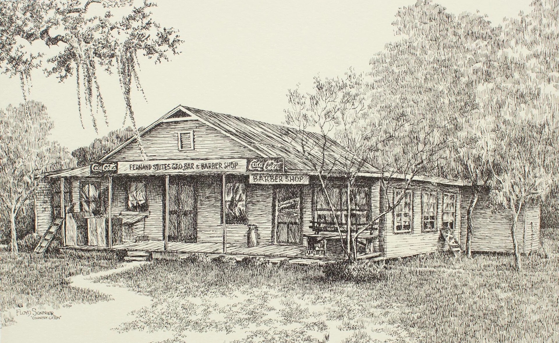 A detailed pen-and-ink illustration of Brisco’s old wooden barber shop with Coca-Cola signs, surrounded by trees and moss, featuring a porch and rustic exterior in a serene rural setting.