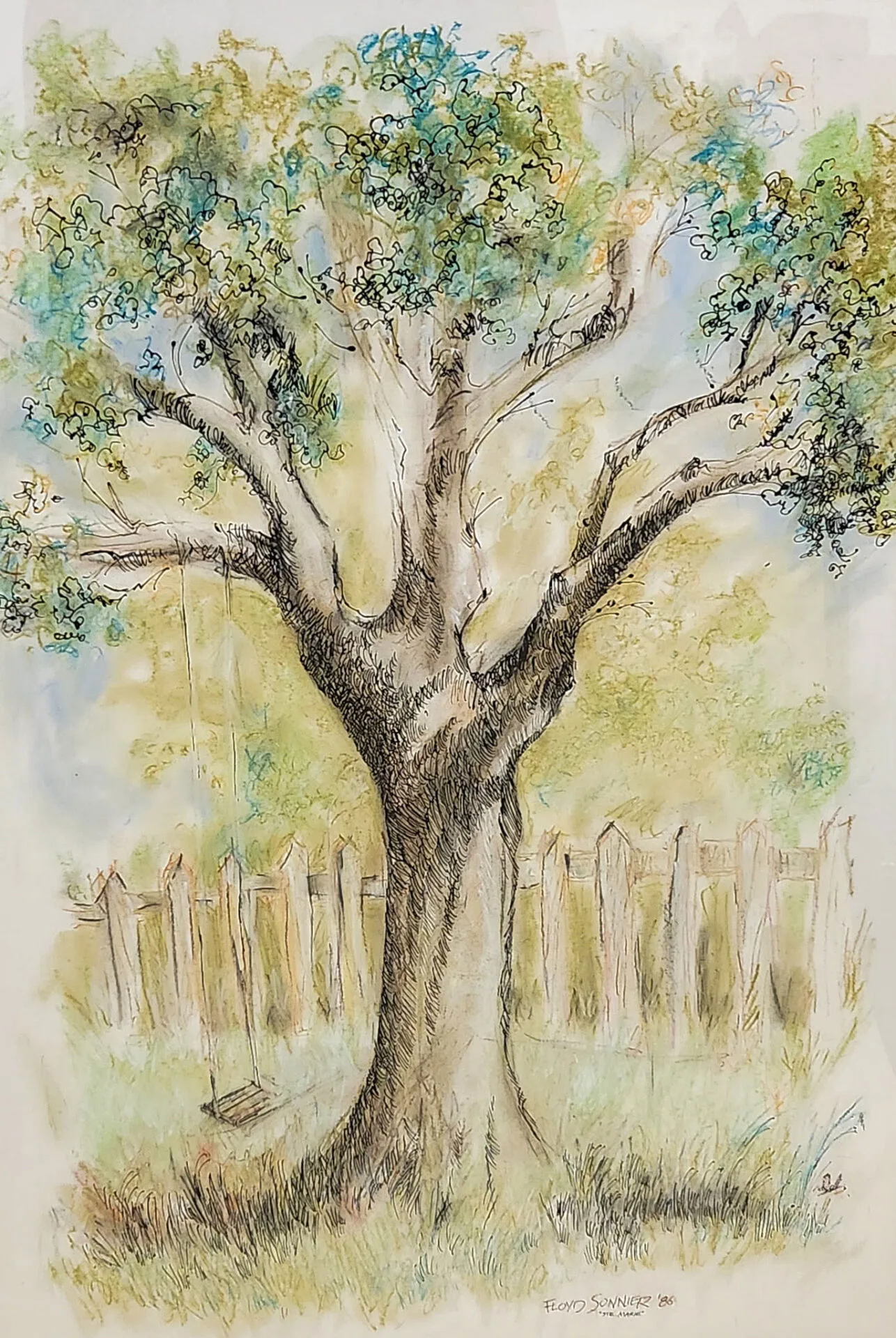 A watercolor and pencil drawing of a large brisco tree with a wooden swing hanging from one branch, standing on grass in front of a rustic wooden fence under a bright, leafy canopy.