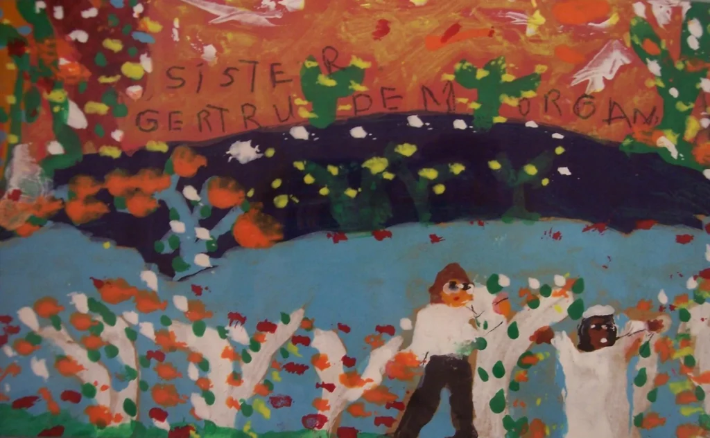 Colorful, child-like painting with two figures standing in a garden of orange, white, and green flowers. The sky is orange with white patches, and text reads “Sister Gertrude Morgan” above the figures—evoking a brisco sense of warmth.