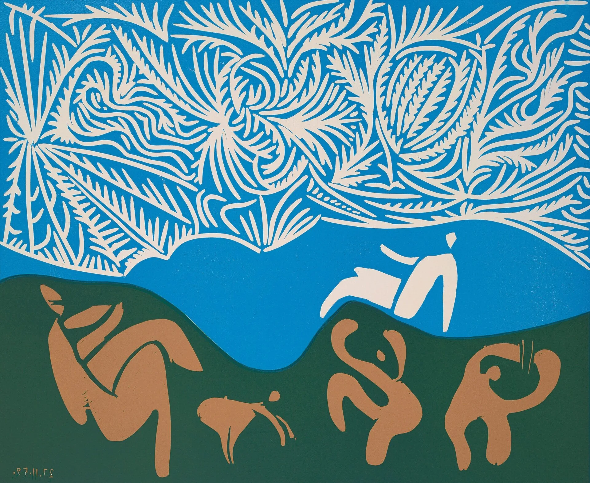 A stylized artwork showing abstract human figures on green ground with a reclining figure on blue. Above, intricate white leaf patterns fill the sky against a blue background, evoking the delicate beauty of fragile matter.