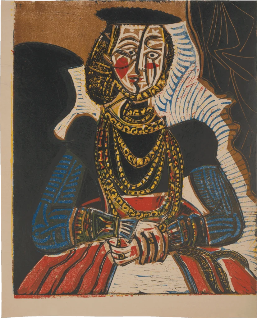 Abstract painting of a seated woman with bold colors and geometric shapes; she has patterned jewelry, a ruffled collar, and her hands folded on her red skirt, inspired by Picasso’s Cubist style.