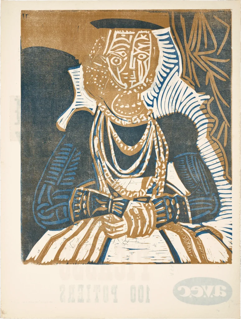 A stylized, abstract portrait of a woman in patterned, geometric shapes and lines, using brown, blue, and white colors. She wears layered necklaces and a dress, with one hand resting on the other. The background is textured.