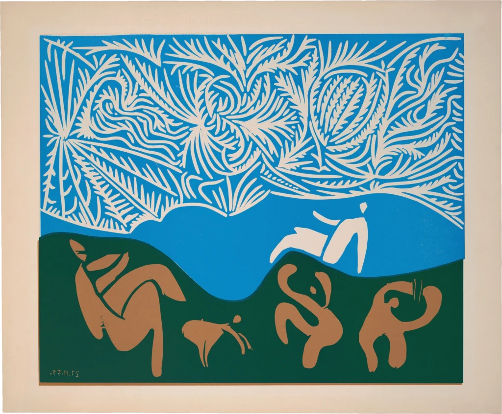 Abstract artwork showing tan human-like figures dancing on green hills, a blue sky with a white reclining figure, and intricate white leaf patterns filling the upper portion of the image.