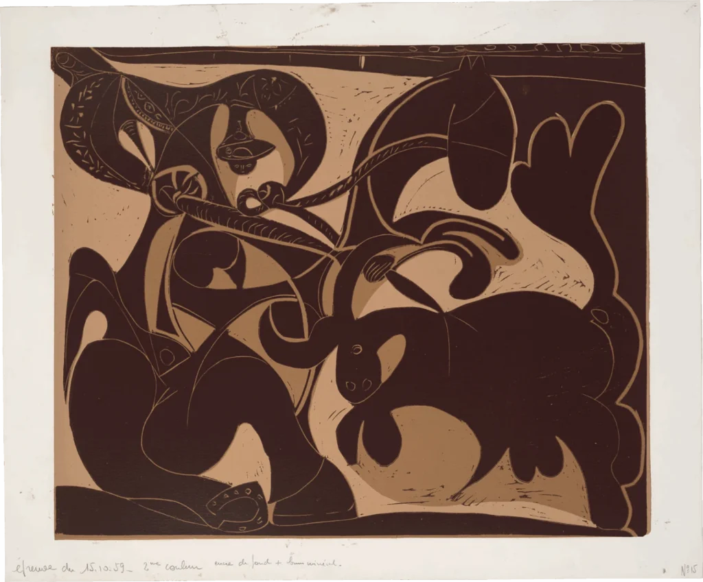Abstract artwork in brown and black tones depicting a stylized bull with prominent horns and a smaller animal, possibly a horse, both rendered with bold, curved lines and overlapping shapes.