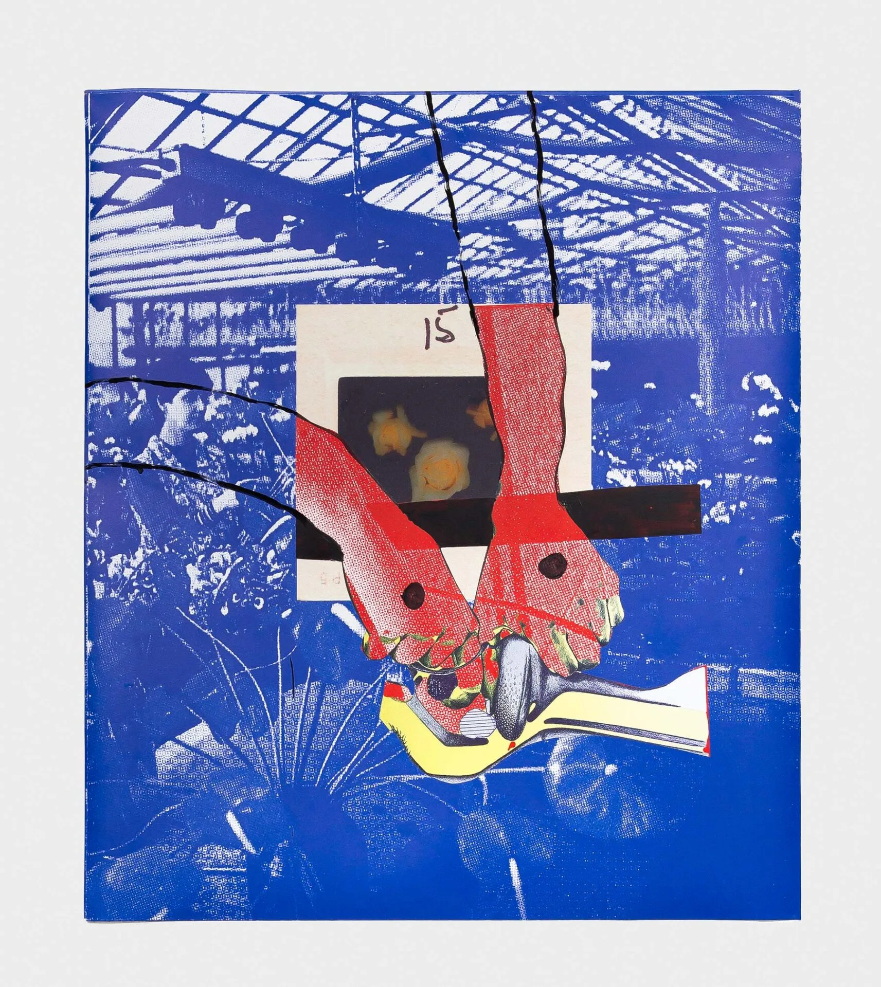 Abstract collage with a blue greenhouse background, a white square, red and green shapes resembling bird heads with black eyes, black lines, and yellow and white cutout pieces in the foreground.