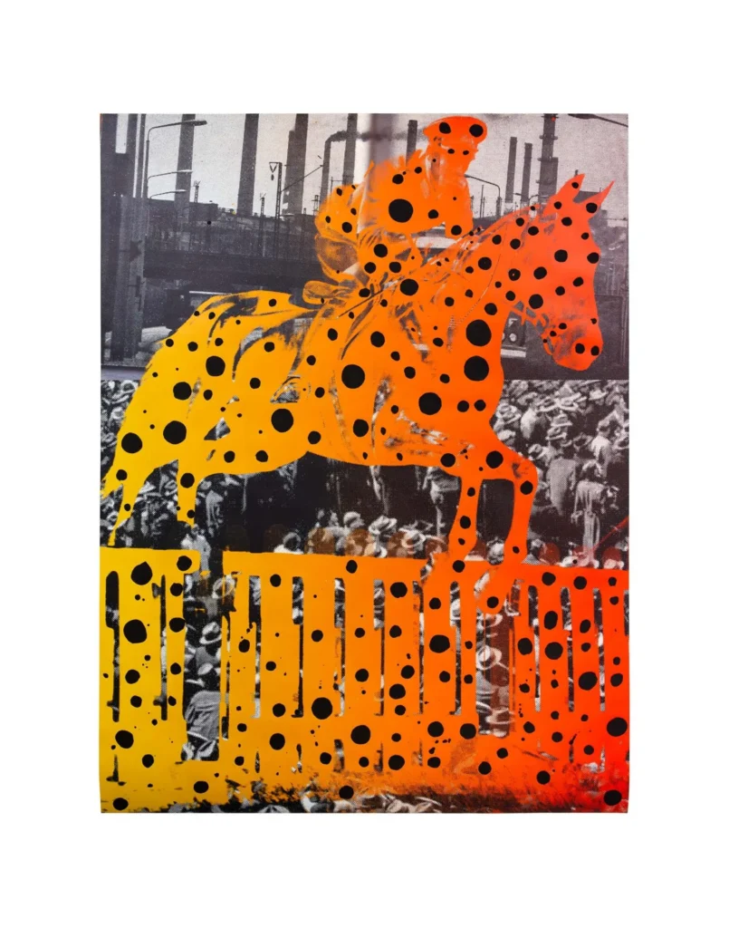 A grayscale photo of a crowd and industrial buildings is overlaid with a vivid orange and yellow silhouette of a horse and rider, with bold black polka dots and abstract bars crossing the image.