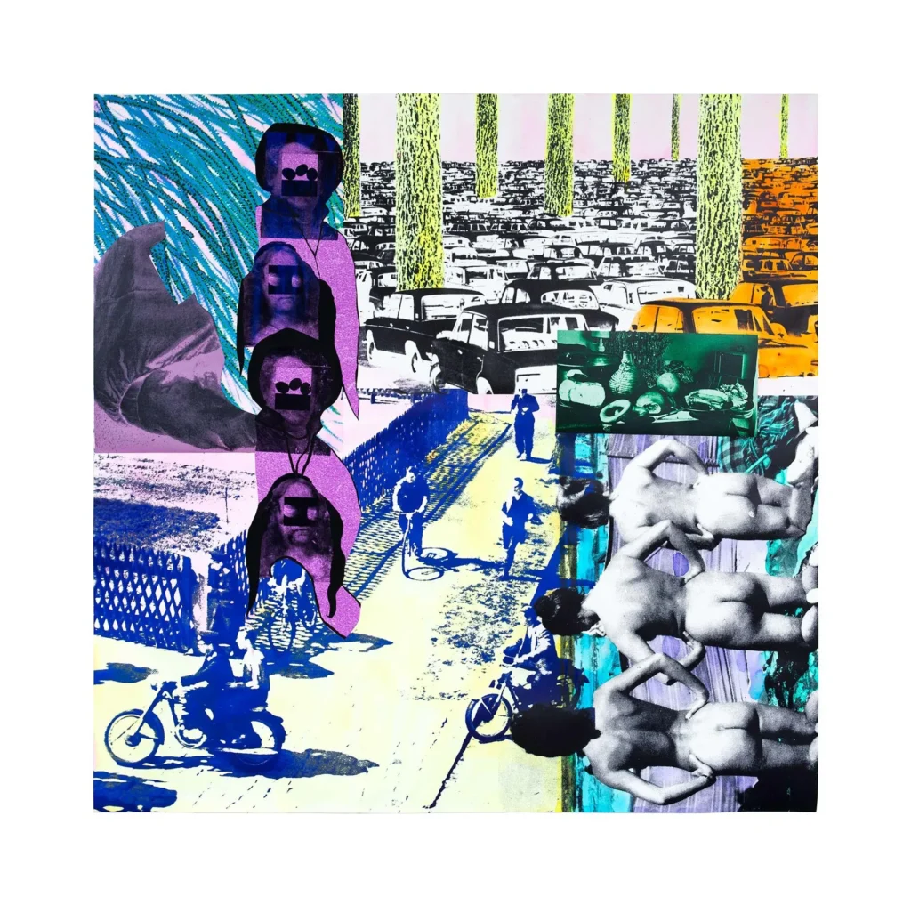 A colorful collage featuring vintage cars in a lot, people riding motorcycles, duplicated images of faces, naked figures standing in a row, and abstract patterns in green, purple, yellow, and blue tones.