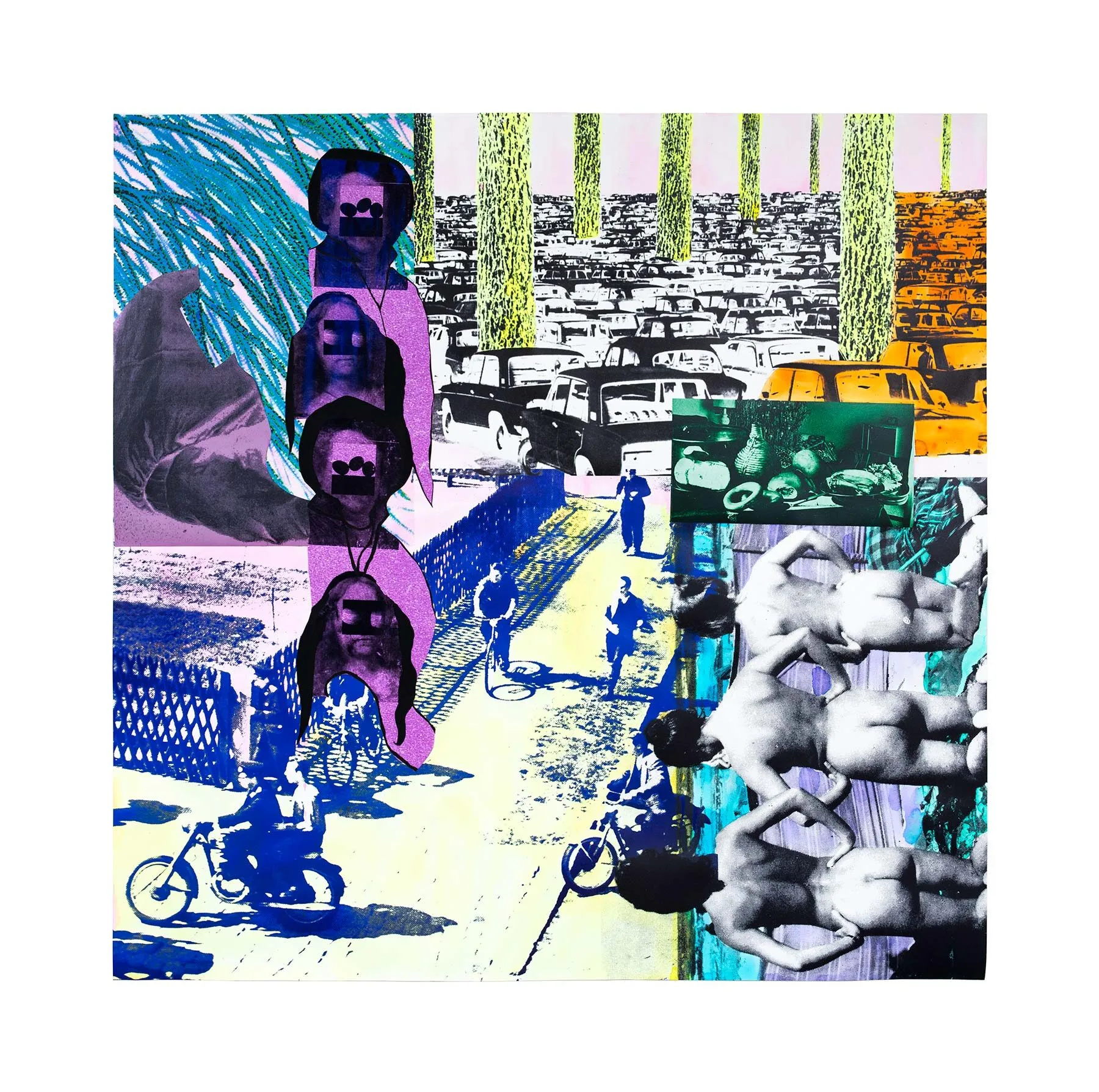 A colorful collage featuring vintage cars in a lot, people riding motorcycles, duplicated images of faces, naked figures standing in a row, and abstract patterns in green, purple, yellow, and blue tones.