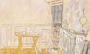 A softly colored painting of a quiet room, featuring a simple wooden table with a cup, a stool, a patterned window, a drum, and a radiator along the wall. The palette is mostly light yellows and creams.