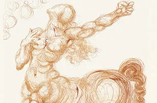 A sketch of a centaur-like figure with a muscular human upper body and a horse’s lower body, reaching one arm upward and tilting its head back, drawn with swirling, textured lines.