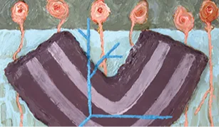 A textured painting shows a large purple V-shape with light stripes, intersected by a blue angular line. In the background, six abstract orange flowers with thin stems stand against a muted green and blue backdrop.