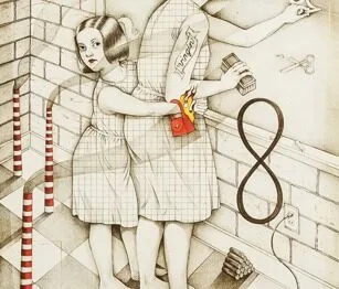 A surreal drawing of a woman and a girl in plaid dresses. The girl’s arm goes through the woman’s torso, holding a red sponge. The scene has geometric patterns, striped pillars, and an electrical cord forming a figure-eight.