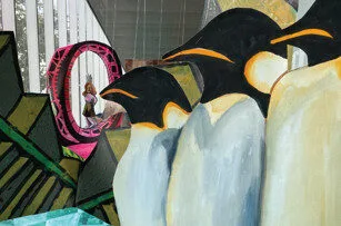 A group of illustrated penguins stands in the foreground, with geometric shapes and a person visible through a circular pink structure in the background. Light streams in from tall windows on the left.
