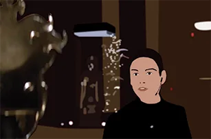 A person with short dark hair and an earpiece stands indoors, facing forward, with abstract art and soft lighting in the background. The scene has a stylized, digital illustration look.