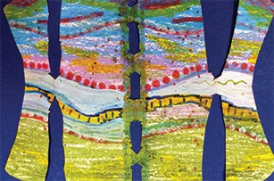 Colorful abstract drawing of a kimono-shaped cutout, decorated with wavy lines, dots, and bands of green, yellow, blue, pink, and red on a dark blue background.