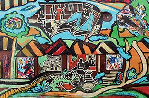 Colorful abstract painting depicting village houses with striped roofs, people outlined in white, lush greenery, chickens, and a large central figure playing a musical instrument. Bold lines and vivid colors create a lively scene.
