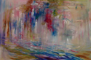 An abstract painting with soft, blurred shapes and brushstrokes in pink, blue, purple, and green tones, creating a dreamy, reflective effect reminiscent of water or fog.