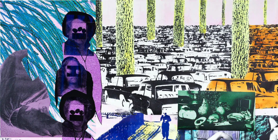 A vibrant collage featuring vintage cars, tree trunks, shadowy purple human figures with obscured faces, a hand, a small running person, and a green-tinted still life of fruit and pottery. The background is layered with abstract patterns.