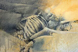 Watercolor painting of a ribcage and bones partially buried in sand or earth, with muted brown, yellow, and gray tones creating a somber, atmospheric effect.
