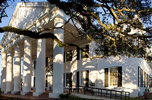 White building with tall columns and large windows, partially shaded by sprawling tree branches, in bright sunlight. A wheelchair ramp is visible near the entrance.