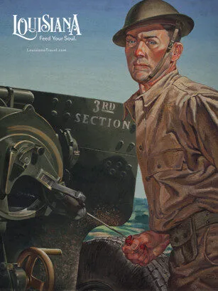 A soldier in uniform and helmet stands next to military equipment labeled 3rd Section, against a backdrop of sky and landscape. The image features the text Louisiana Feed Your Soul.