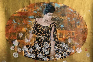 A stylized portrait of a woman in a leopard print dress and headwrap, surrounded by white roses, set against a gold oval background with abstract patterns.