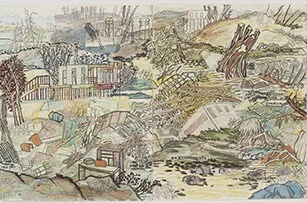 A detailed, abstract landscape drawing featuring various natural and man-made elements, such as trees, fences, rocks, and flowing water, all rendered in soft, muted colors with overlapping lines and textures.