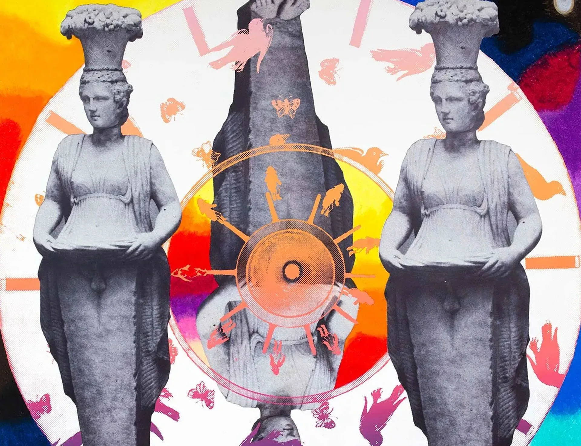 Three classical female statues stand in front of a colorful, abstract clock face. Birds, butterflies, and a soft burst of yellow, orange, and red blend in the background, creating a surreal and dreamlike scene.